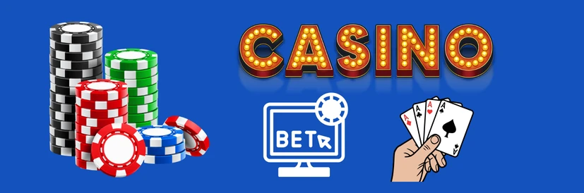blå bakgrund med casino skylt och spelmarker och kort